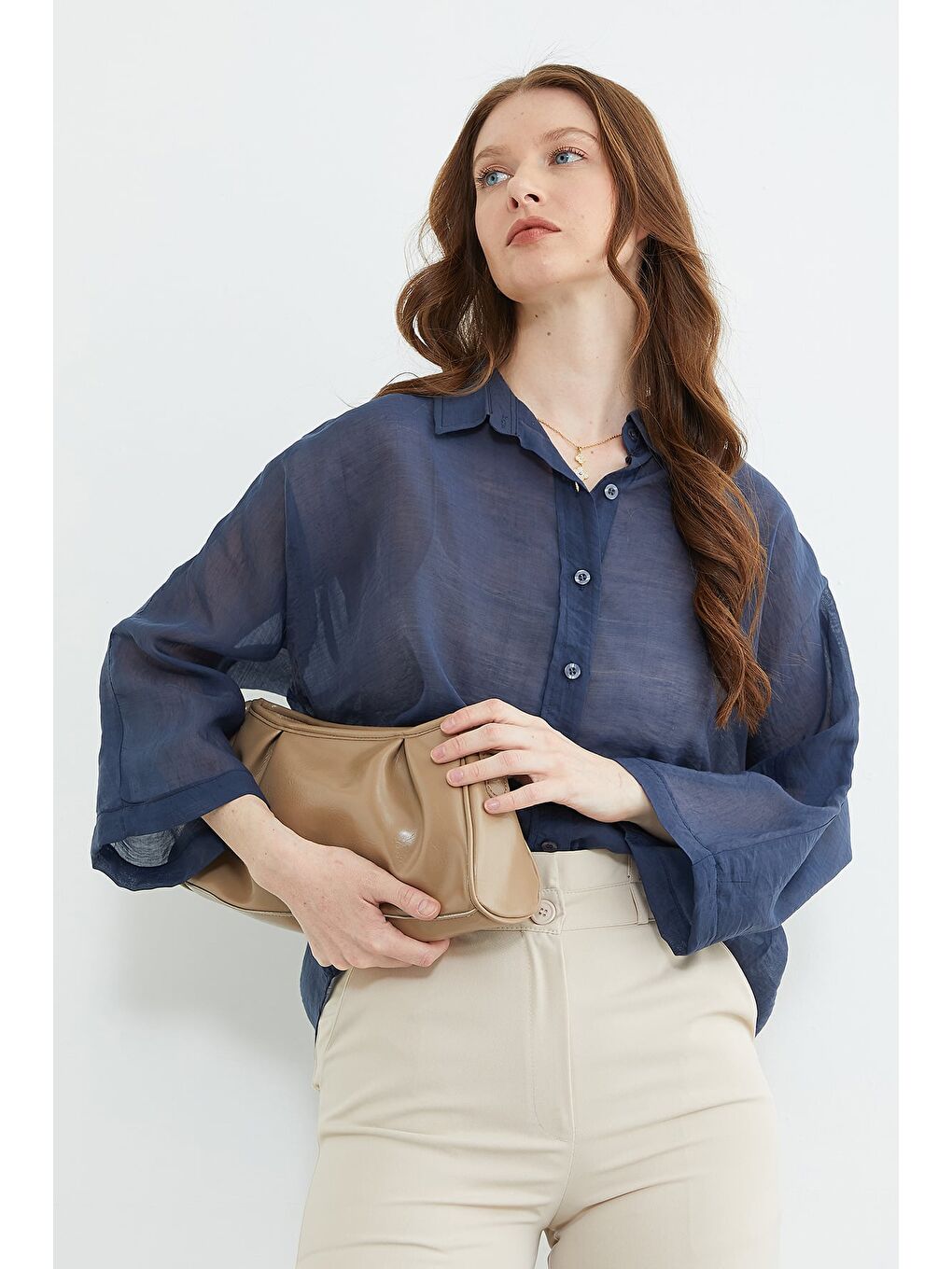 Lacivert Jakarlı Kapri Kol Transparan Gömlek-1