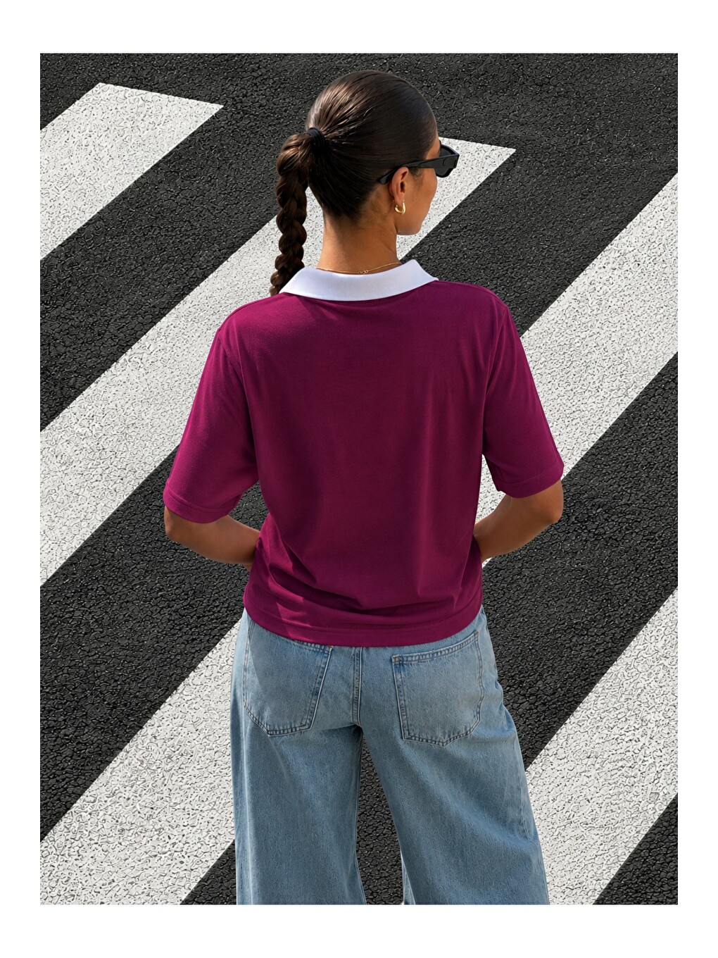 Bordo Kadın Polo Yaka Tişört Regular Fit Kısa Kollu Günlük Basic Tişört-3