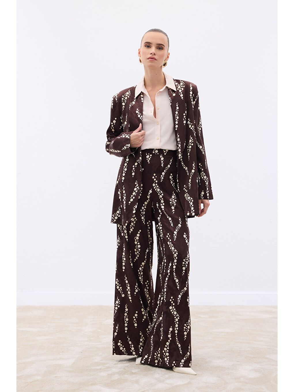 Kahverengi Desenli Bol Paça Pantolon - Kahve-1