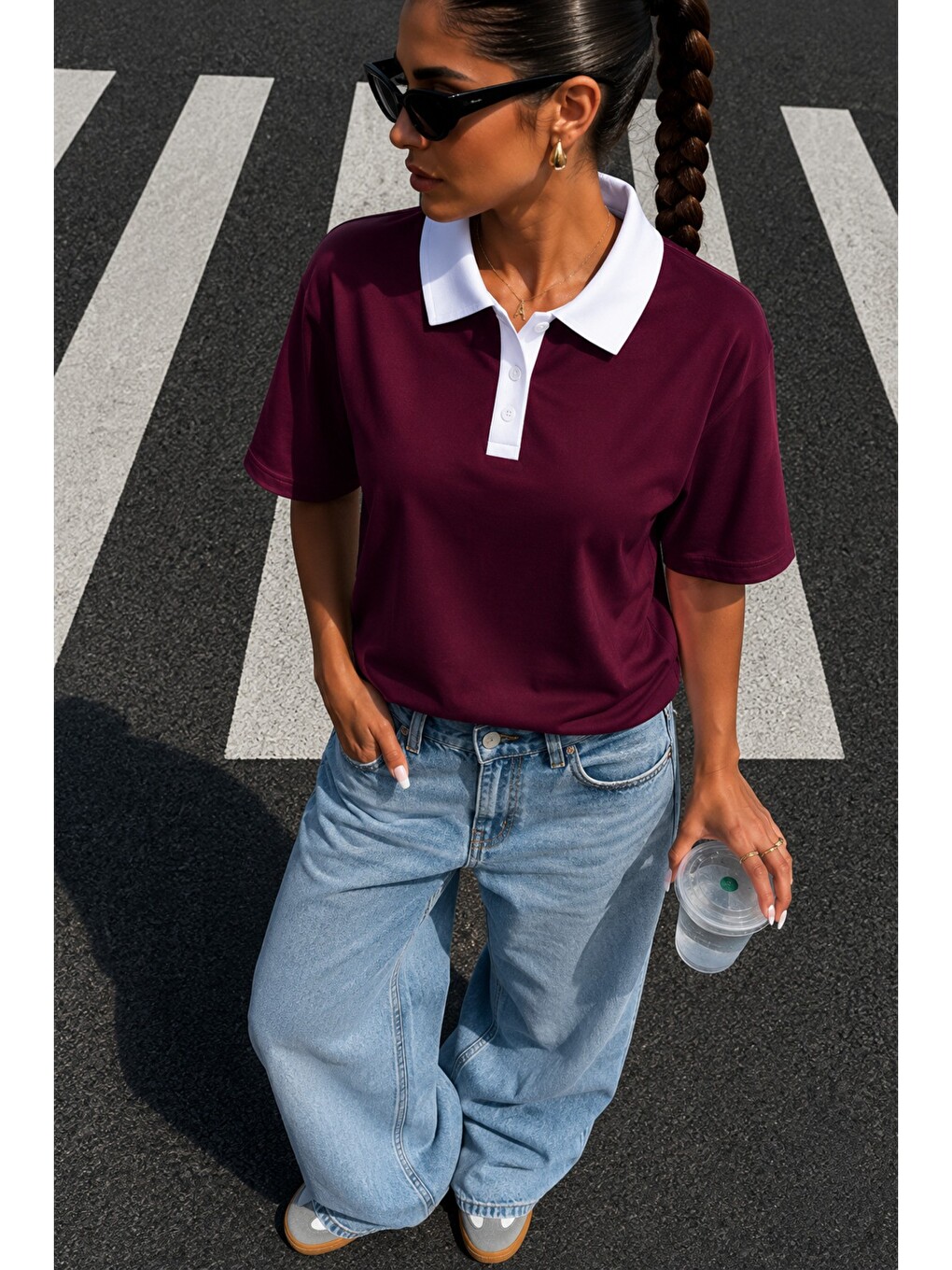 Bordo Kadın Polo Yaka Tişört Regular Fit Kısa Kollu Günlük Basic Tişört-4