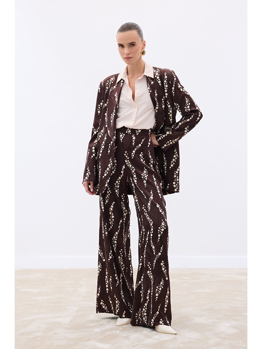 Kahverengi Desenli Bol Paça Pantolon - Kahve-2