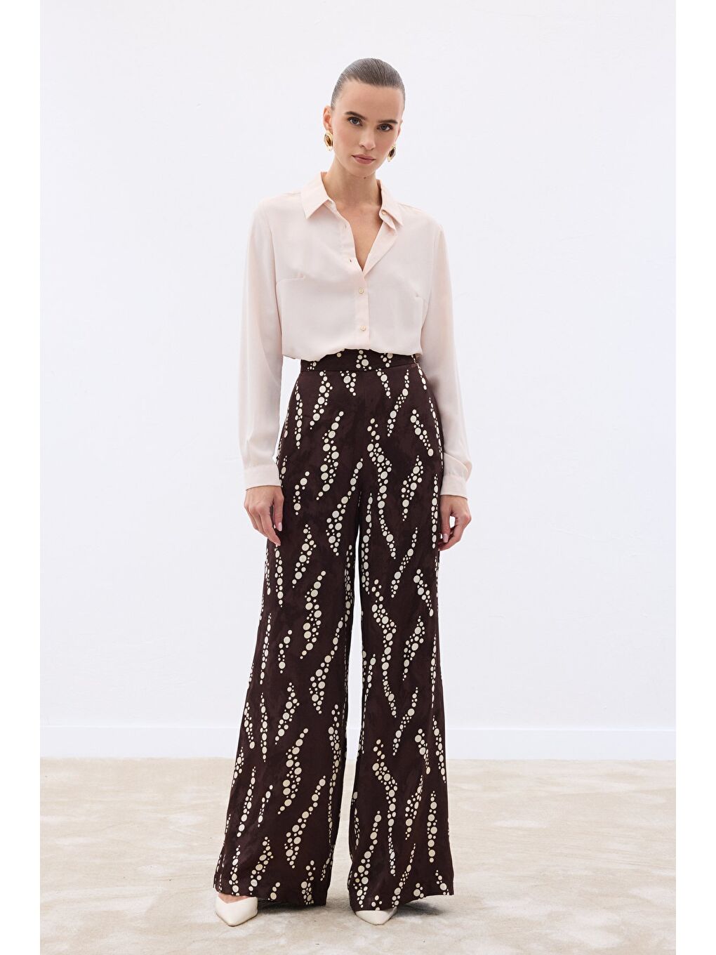 Kahverengi Desenli Bol Paça Pantolon - Kahve-3