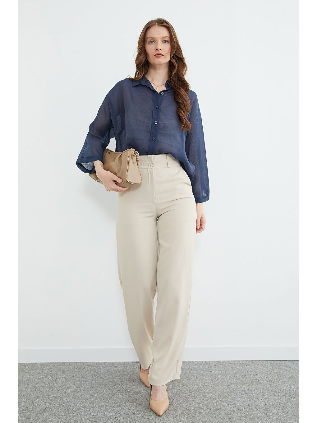 Lacivert Jakarlı Kapri Kol Transparan Gömlek-2