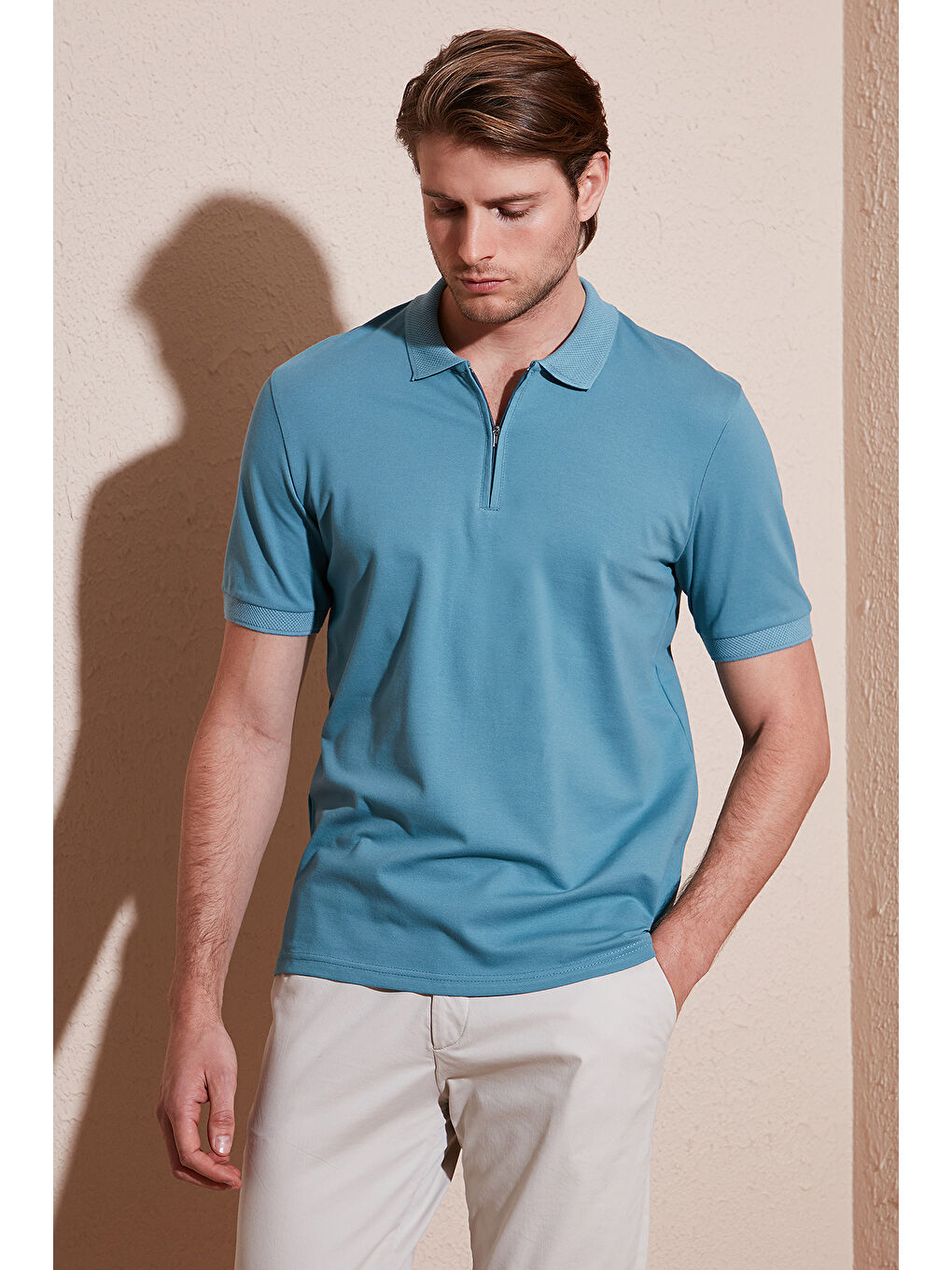 Mavi Pamuklu Regular Fit Yarım Fermuarlı Erkek Polo Yaka Tişört 5901029