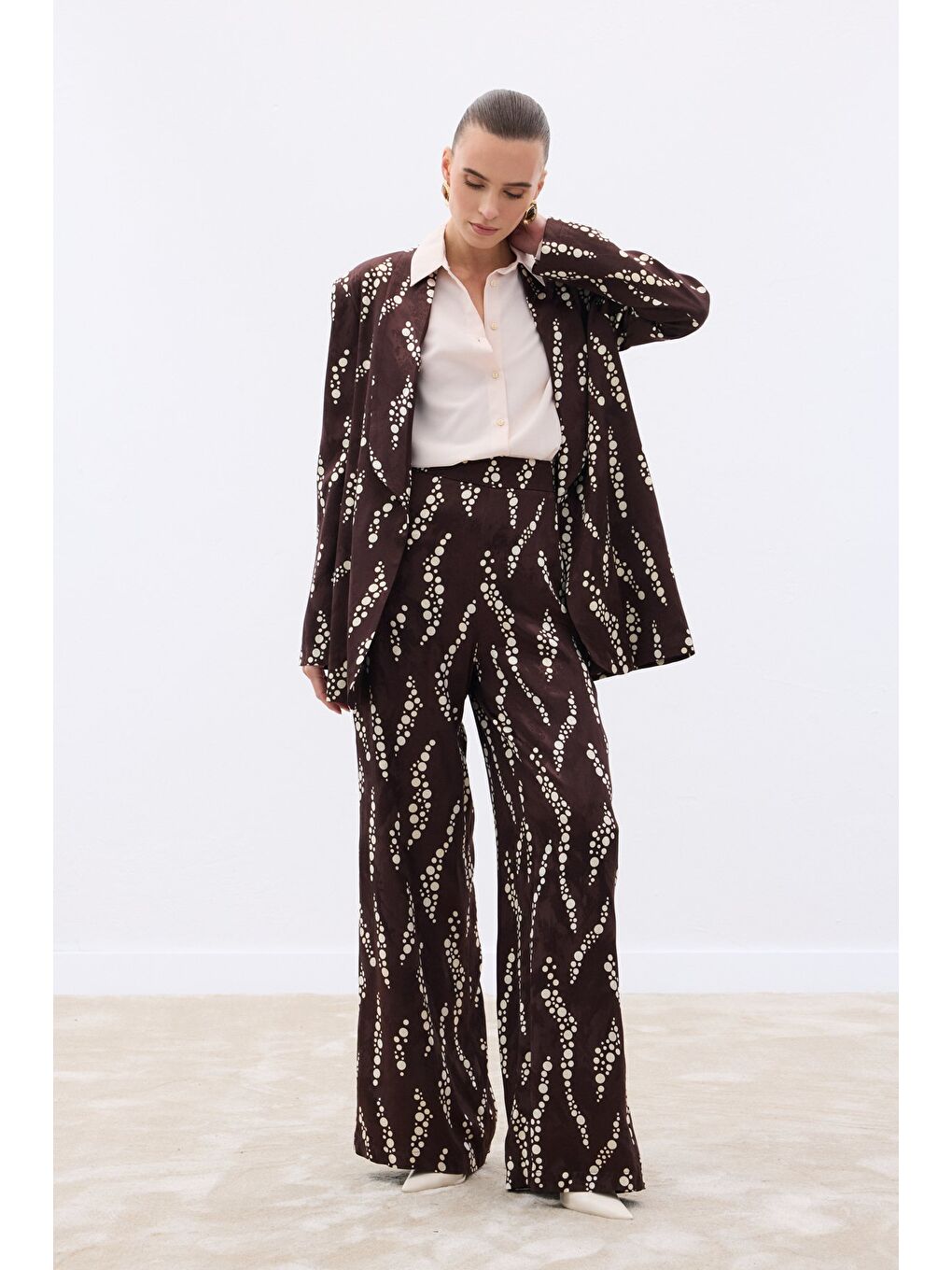 Kahverengi Desenli Bol Paça Pantolon - Kahve-4