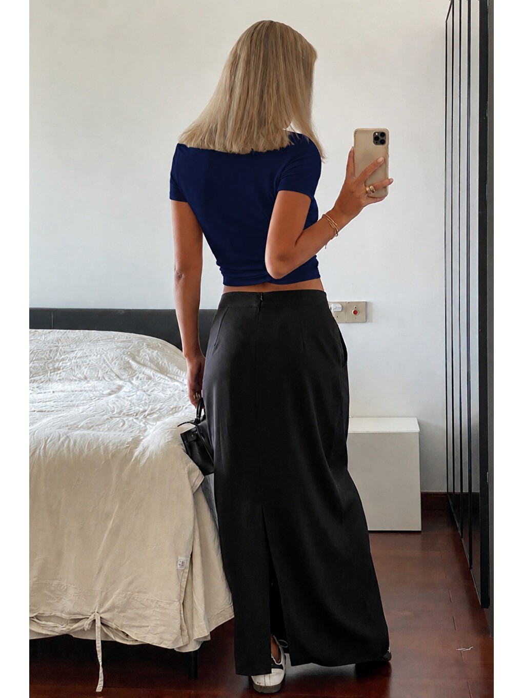 Lacivert Kadın Dar/Slim Bisiklet Yaka Kontrast Ribanalı Elastanlı Pamuk Basic Tişört-2