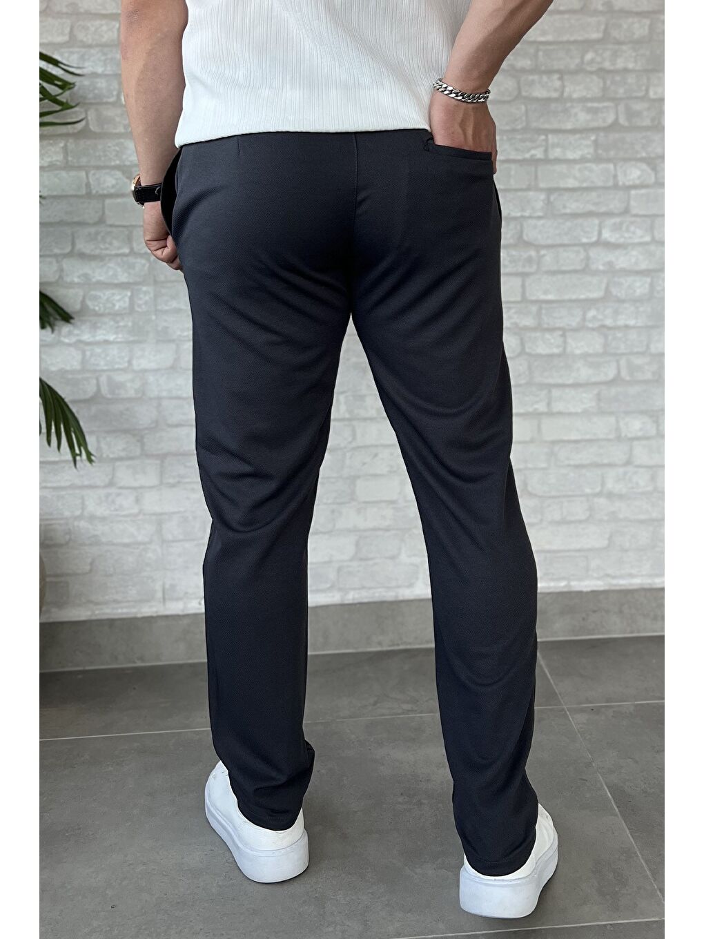 Gri Erkek Bel Bağlama Detaylı Pantolon-2