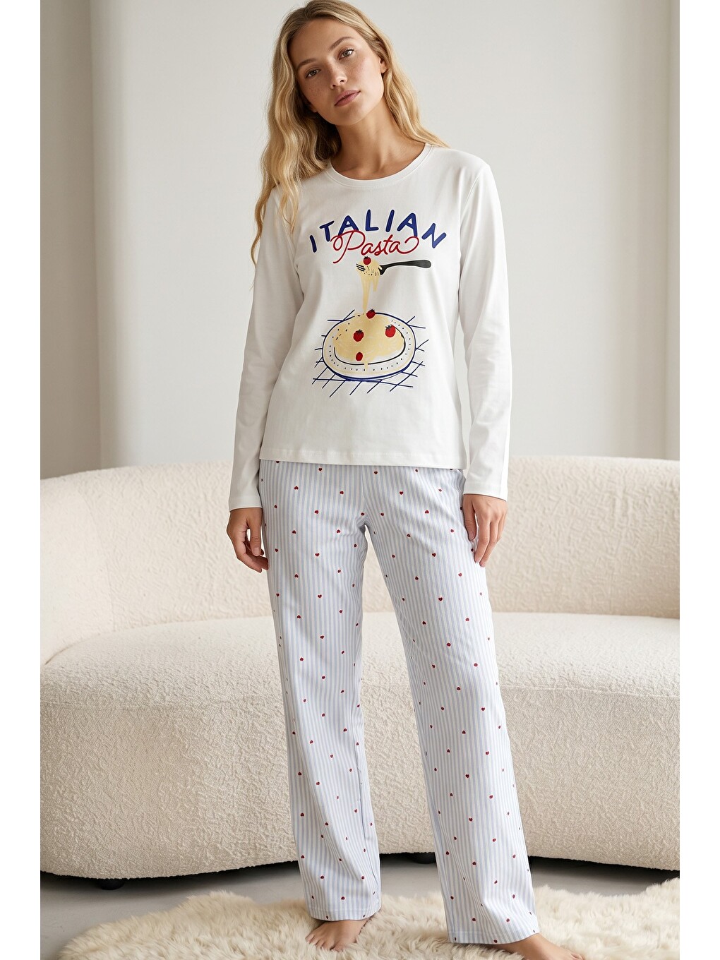 Beyaz Pamuklu Elastanlı Örme Pijama Takım26241169-1
