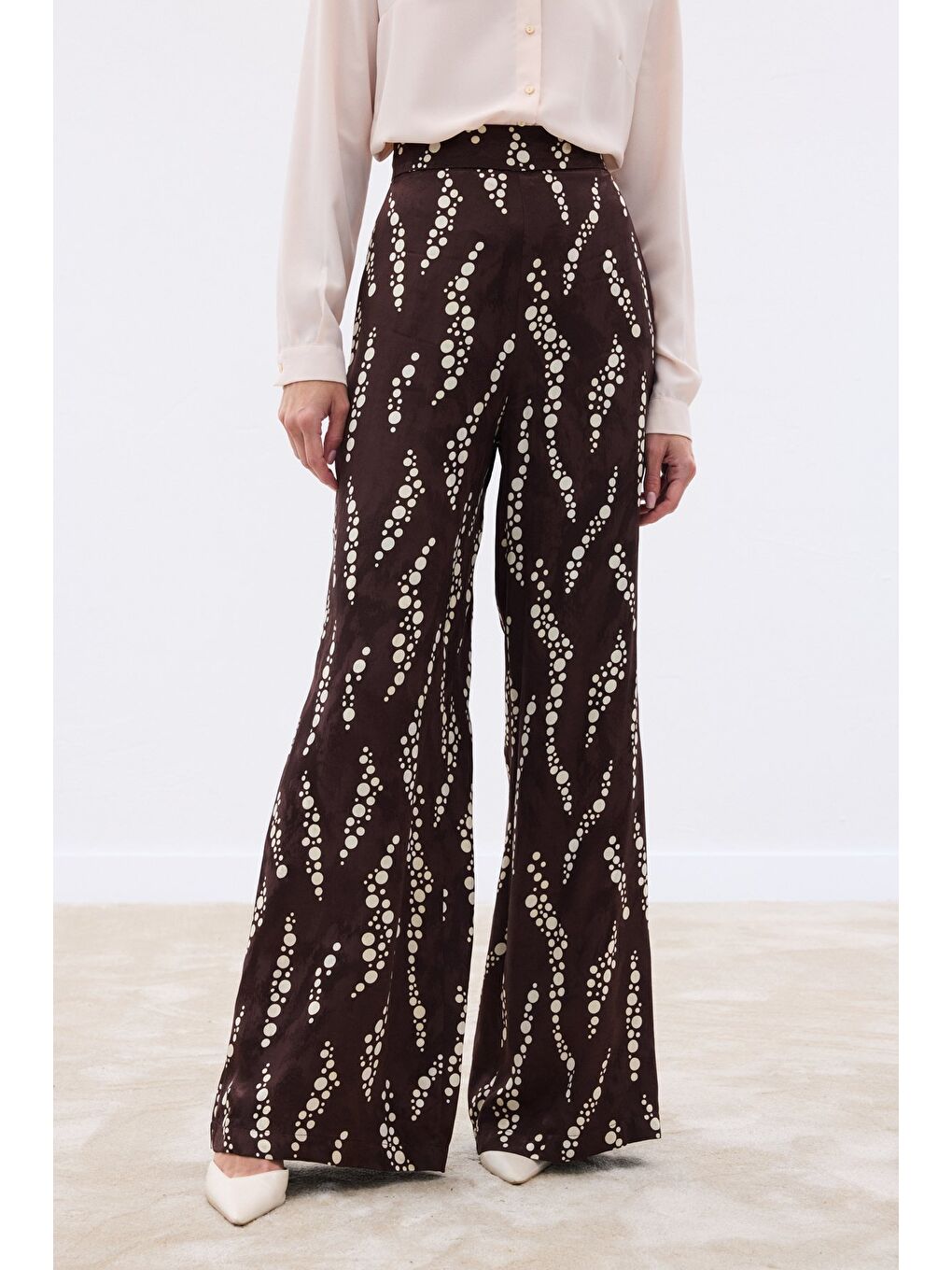 Kahverengi Desenli Bol Paça Pantolon - Kahve-6