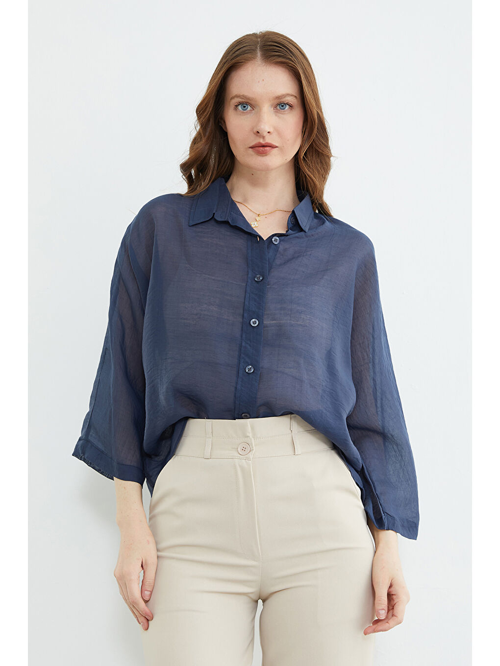 Lacivert Jakarlı Kapri Kol Transparan Gömlek-3