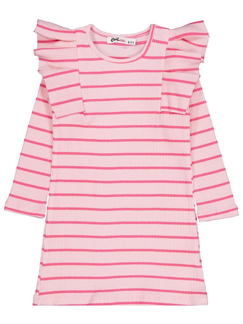 Girls Çizgili 6-9 Yaş Elbise - Pembe 6-7 Yaş