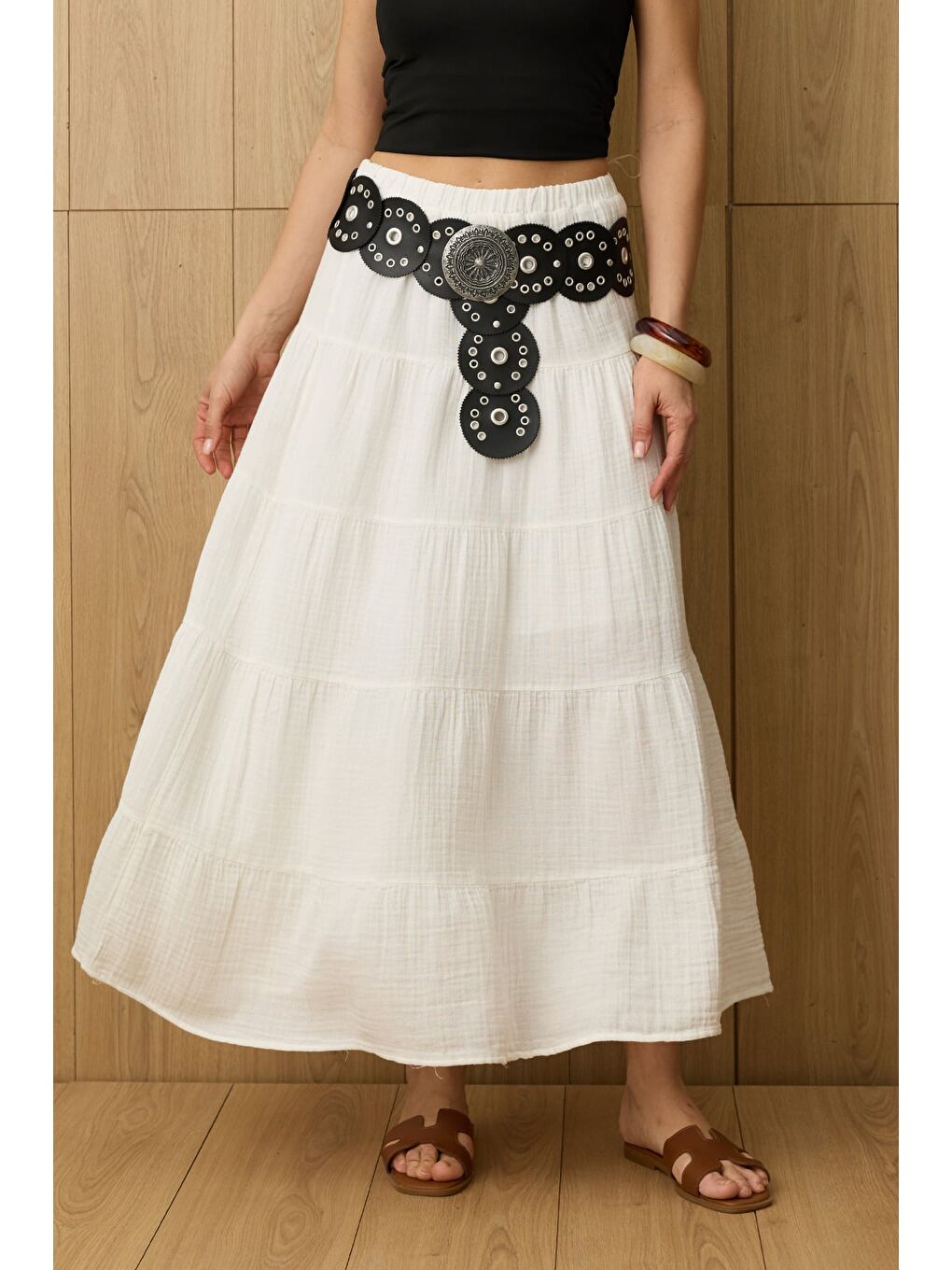 Ekru Beli Lastikli Müslin Kumaş Etek-1