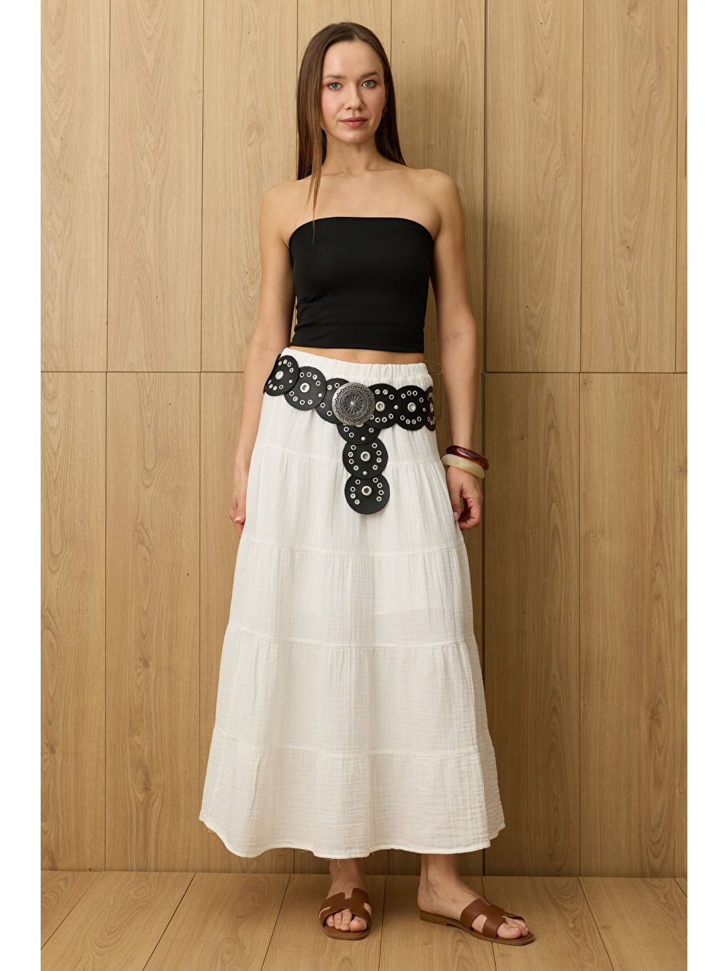 Ekru Beli Lastikli Müslin Kumaş Etek-2