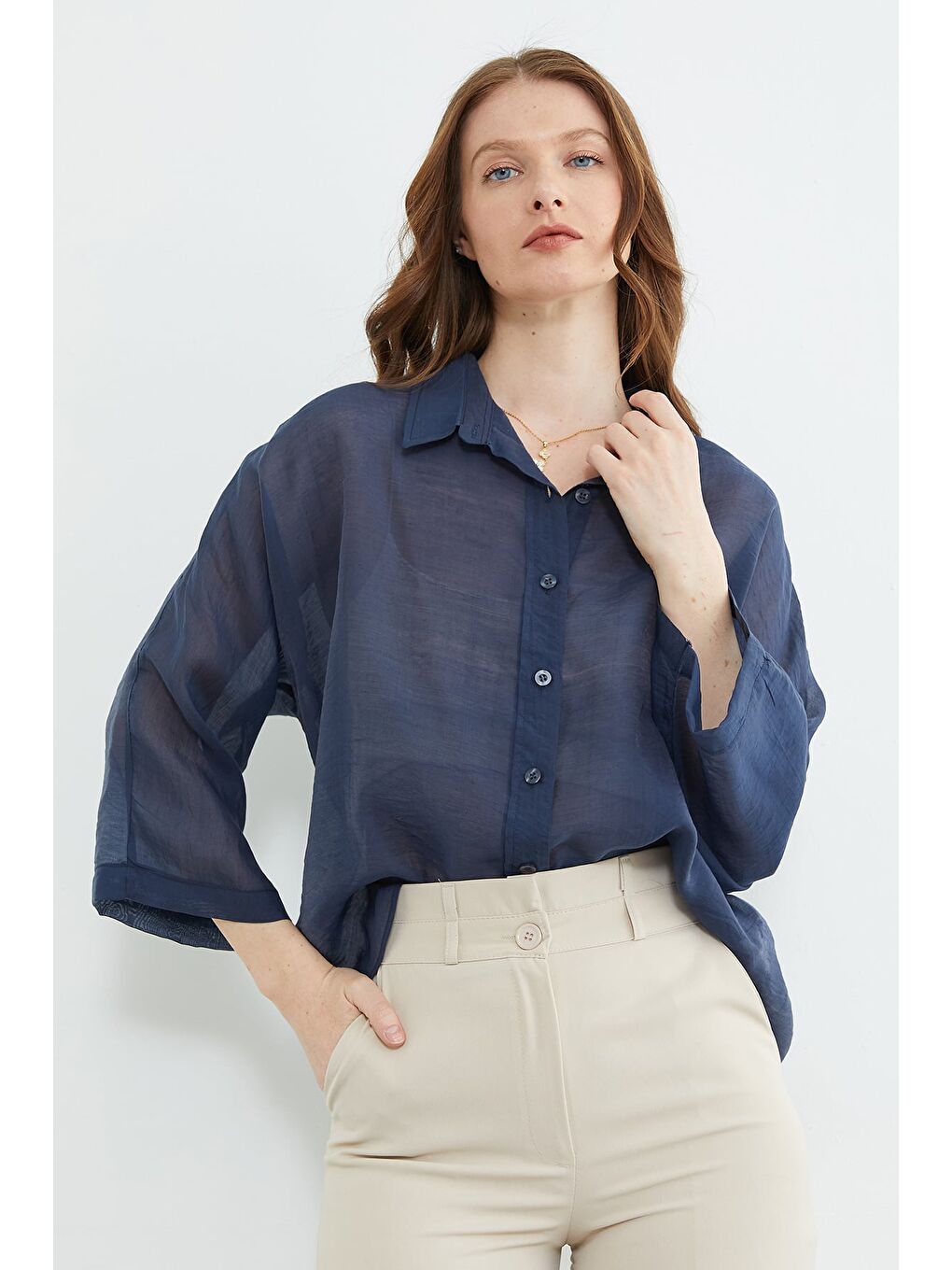 Lacivert Jakarlı Kapri Kol Transparan Gömlek-4