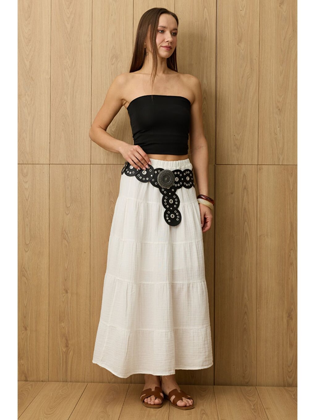 Ekru Beli Lastikli Müslin Kumaş Etek-3