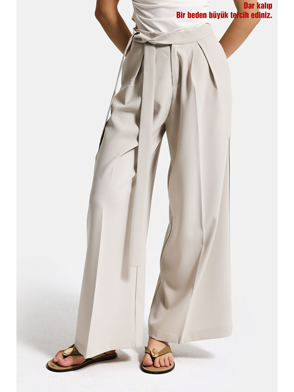 Kadın Ekru Bej w5 Palazzo Fit Özel Kumaş Kemer Detaylı Tasarım Pantolon