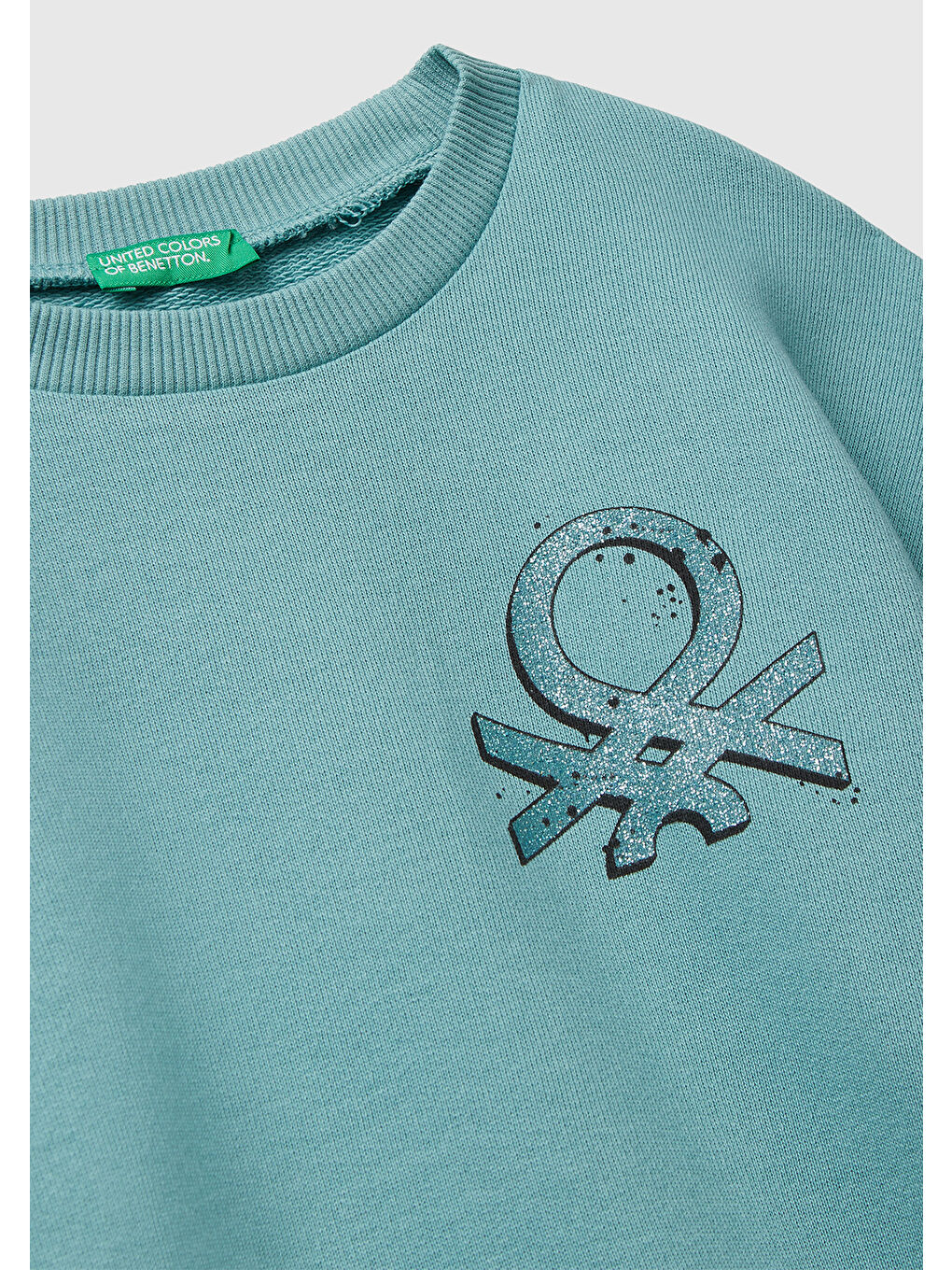 Kız Çocuk Gri-Yeşil Parıltılı Logo Baskılı Ribanalı Bisiklet Yaka Sweatshirt-2