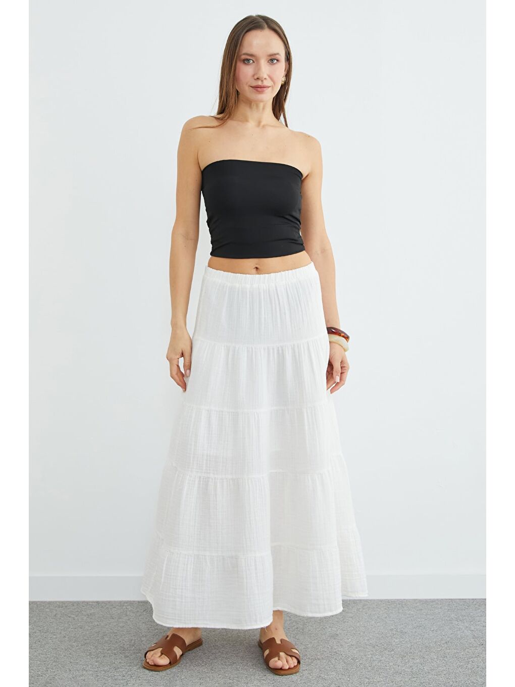 Ekru Beli Lastikli Müslin Kumaş Etek-4