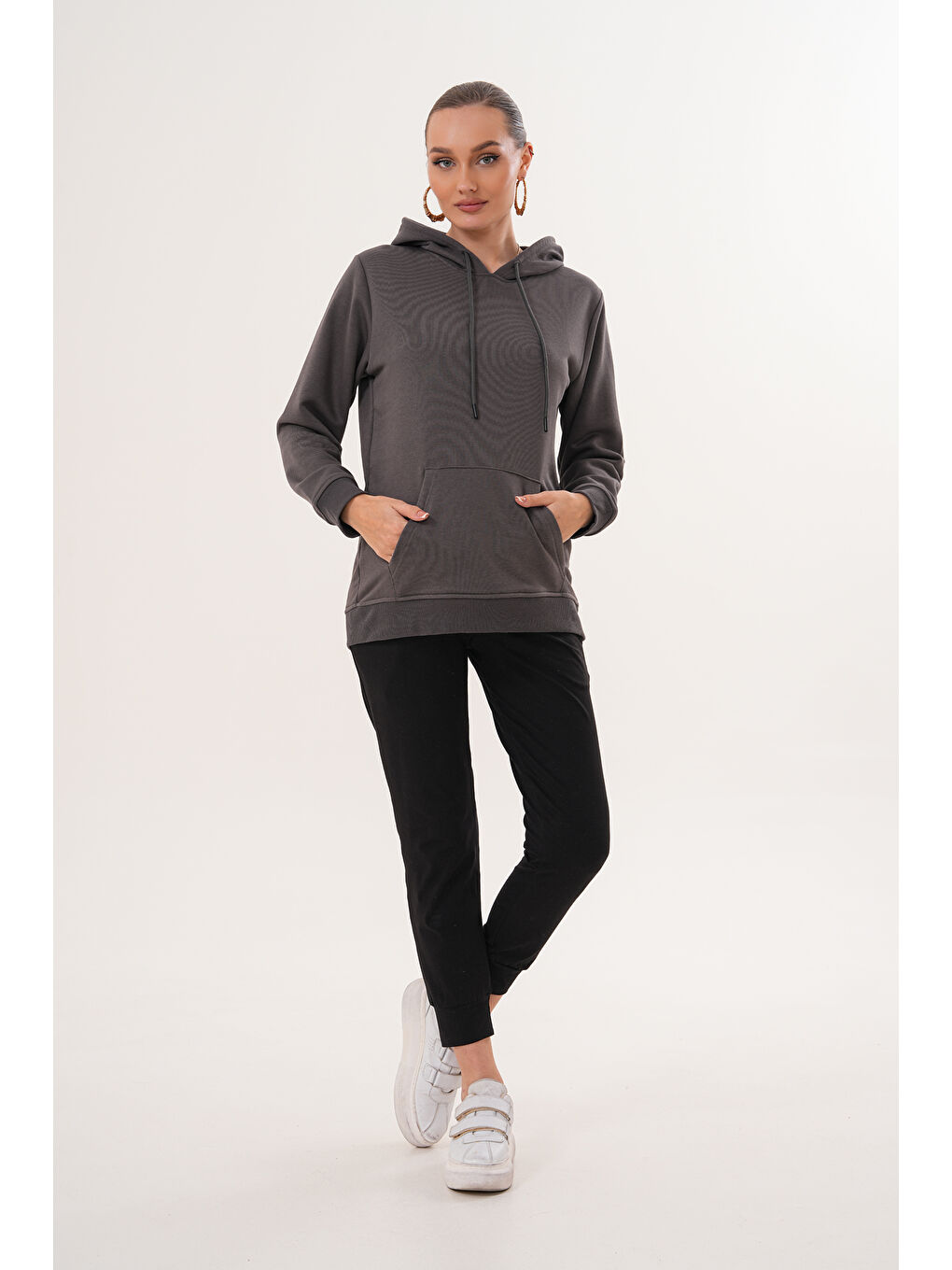 Gri %100 Pamuk Hamile ve Lohusa Basic Kapüşonlu Sweatshirt