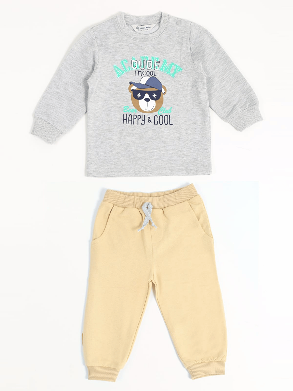 Bej Bisiklet Yaka Erkek Bebek Sweatshirt ve Eşofman Alt 2'li Takım