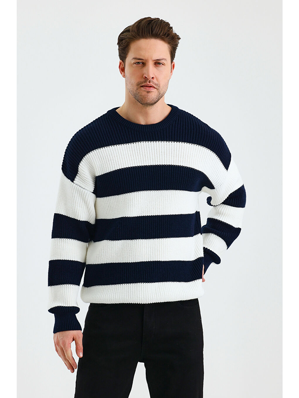 Beyaz Erkek Renk Bloklu Regular Bisiklet Yaka Triko Kazak-2