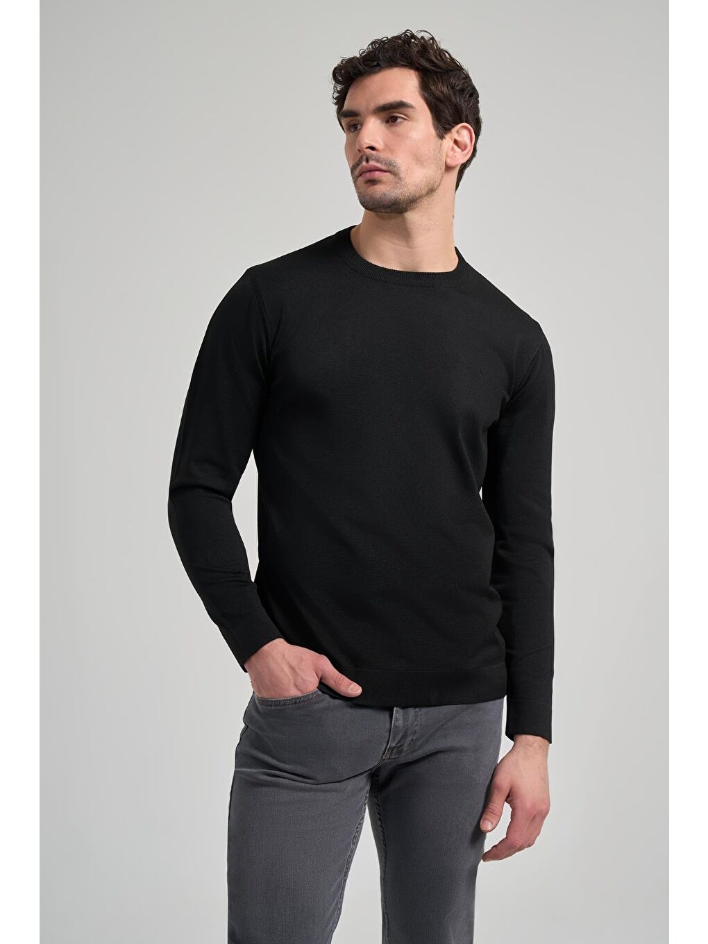 Siyah Uzun Kol Düz Örme Bisiklet Yaka Cepsiz Pamuklu Slim Fit Triko 1012245163