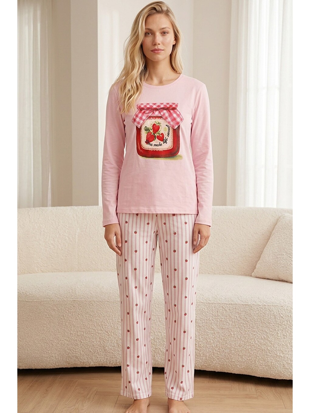Pembe Pamuklu Elastanlı Örme Pijama Takım26241163-1