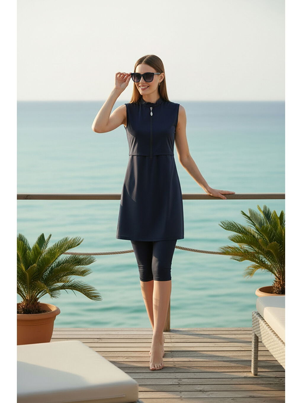 Lacivert Hızlı Kuruyan Esnek Paraşüt Kumaş Kolsuz Yarı Kapalı Mayo 3413-1