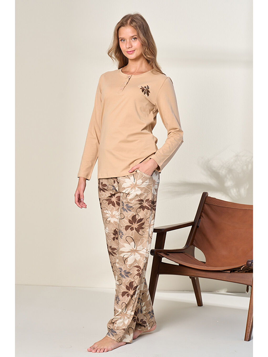 Büyük Beden Kadın Penye Uzun Kol Pijama Takımı 3131 Koyu Bej-1