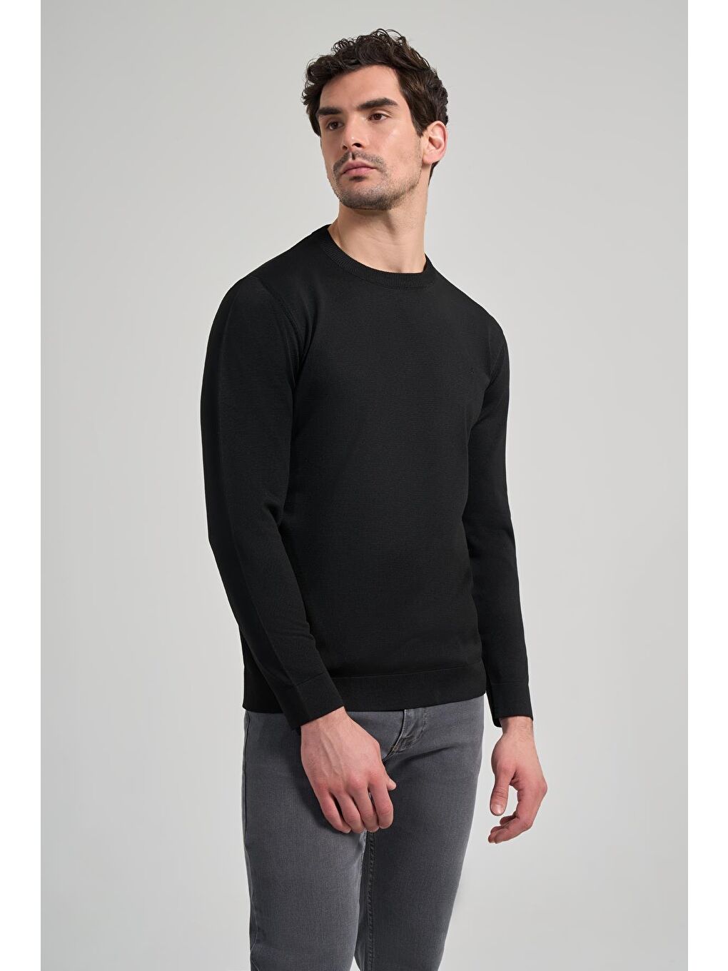 Siyah Uzun Kol Düz Örme Bisiklet Yaka Cepsiz Pamuklu Slim Fit Triko 1012245163-2