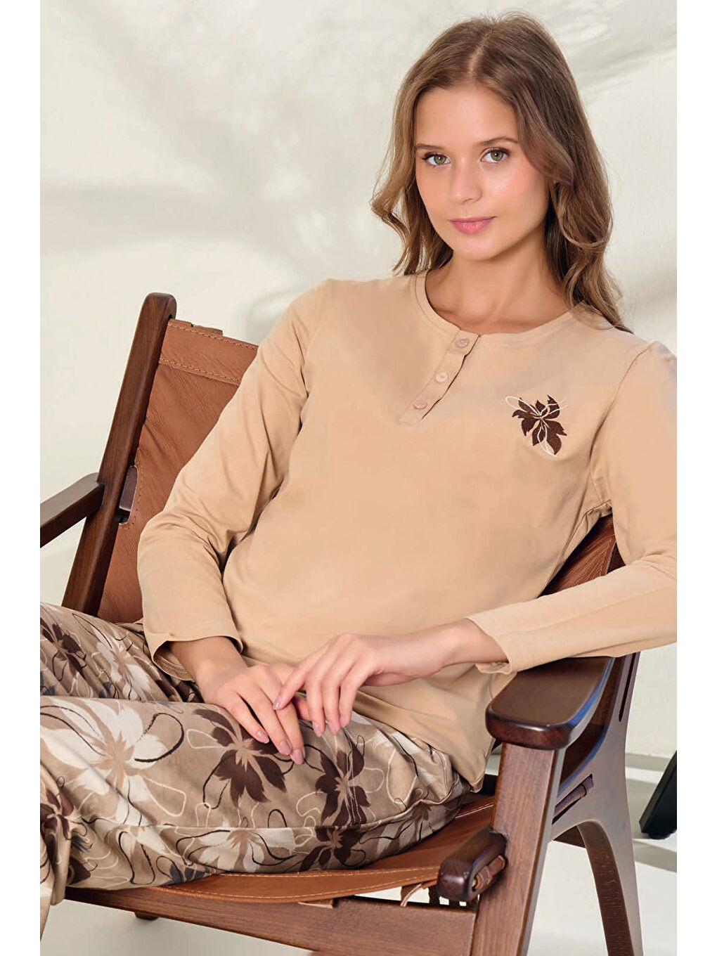 Büyük Beden Kadın Penye Uzun Kol Pijama Takımı 3131 Koyu Bej-2