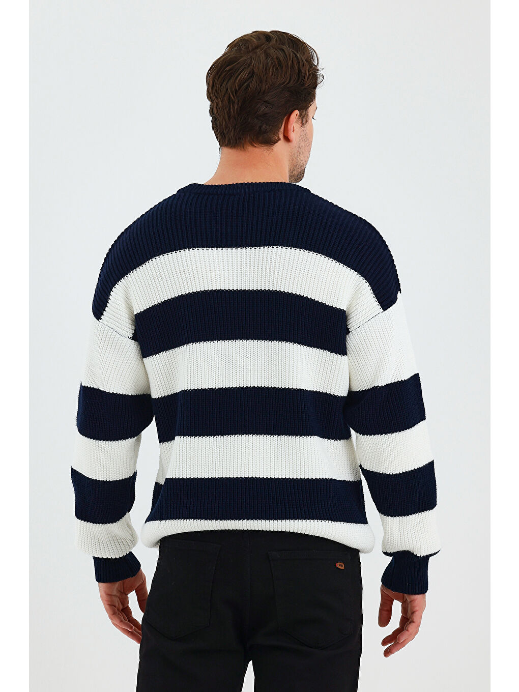 Beyaz Erkek Renk Bloklu Regular Bisiklet Yaka Triko Kazak-4