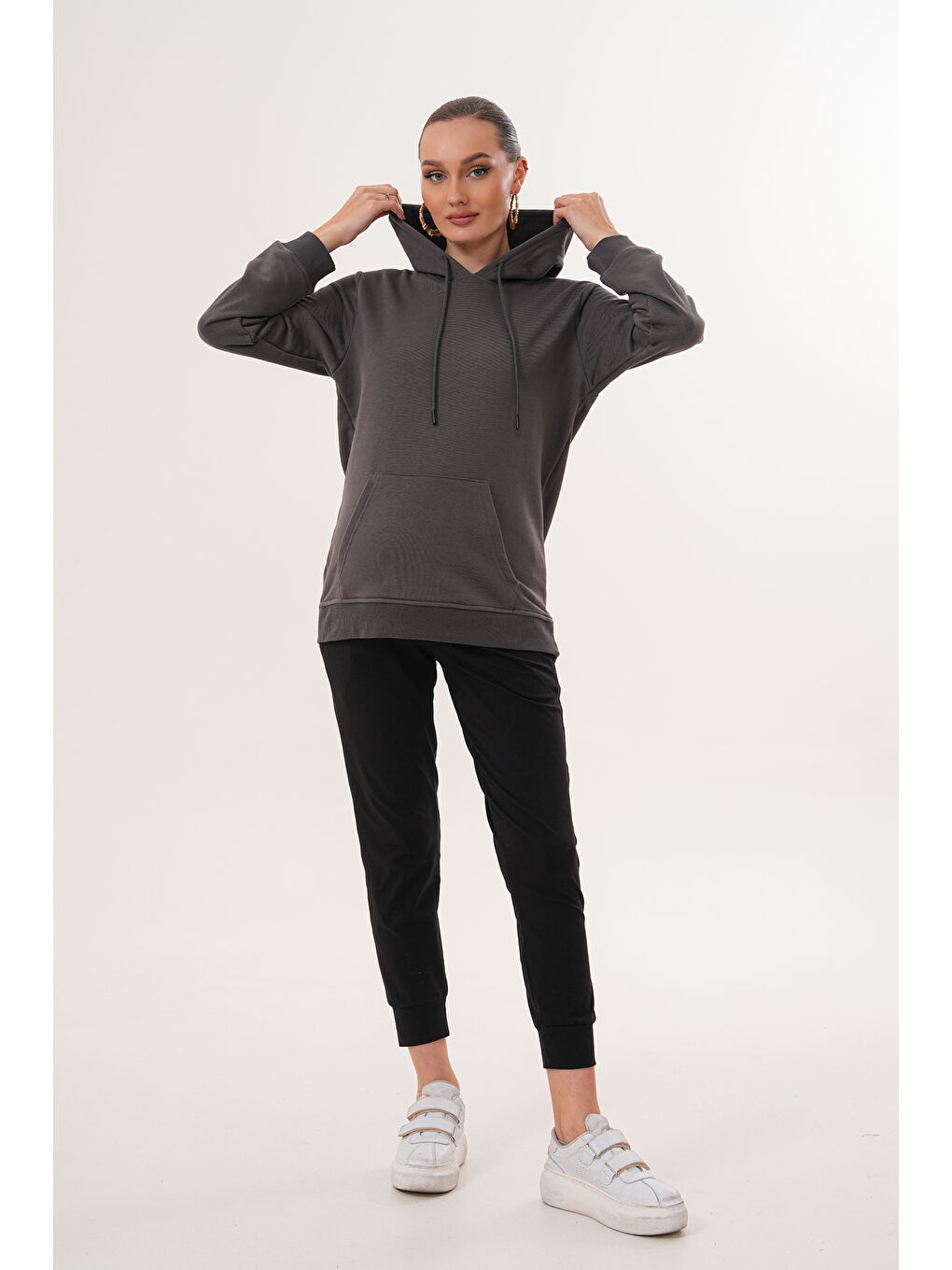 Gri %100 Pamuk Hamile ve Lohusa Basic Kapüşonlu Sweatshirt-1