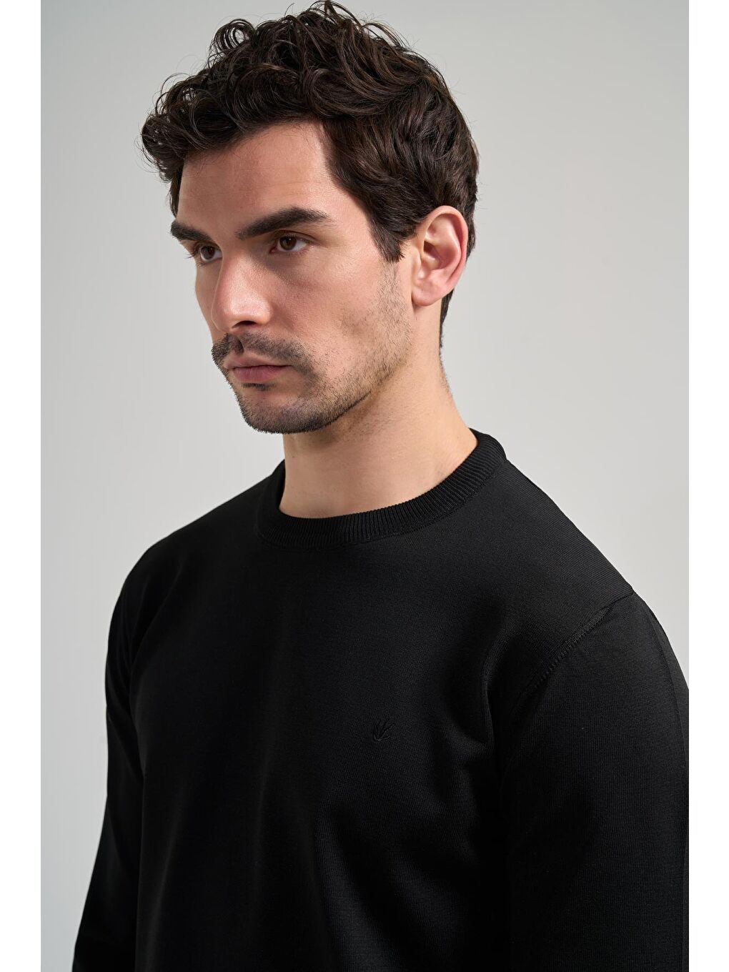 Siyah Uzun Kol Düz Örme Bisiklet Yaka Cepsiz Pamuklu Slim Fit Triko 1012245163-3