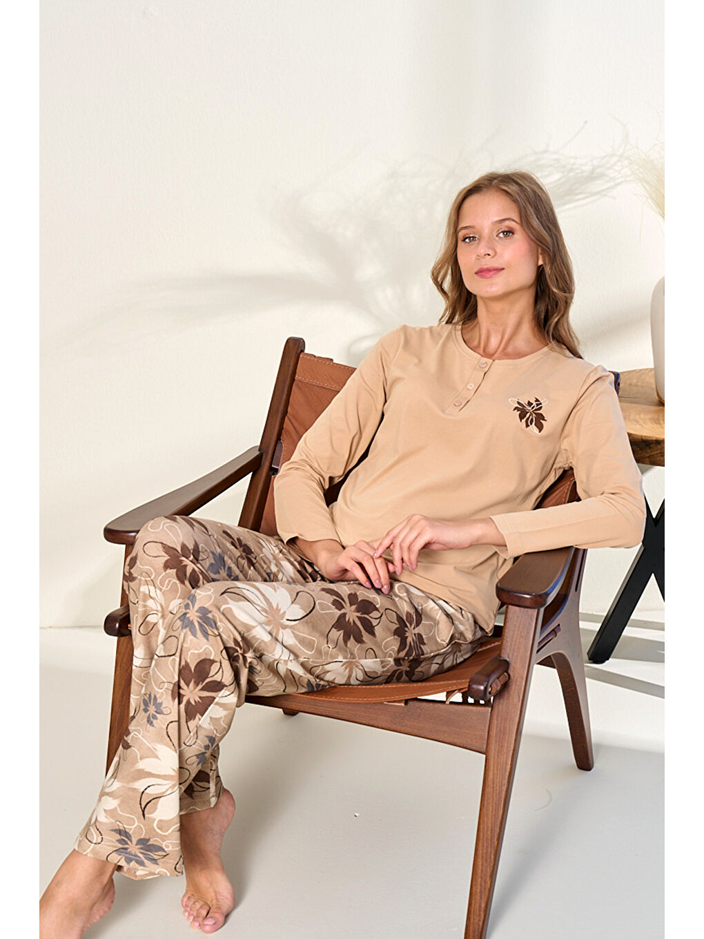 Büyük Beden Kadın Penye Uzun Kol Pijama Takımı 3131 Koyu Bej-3