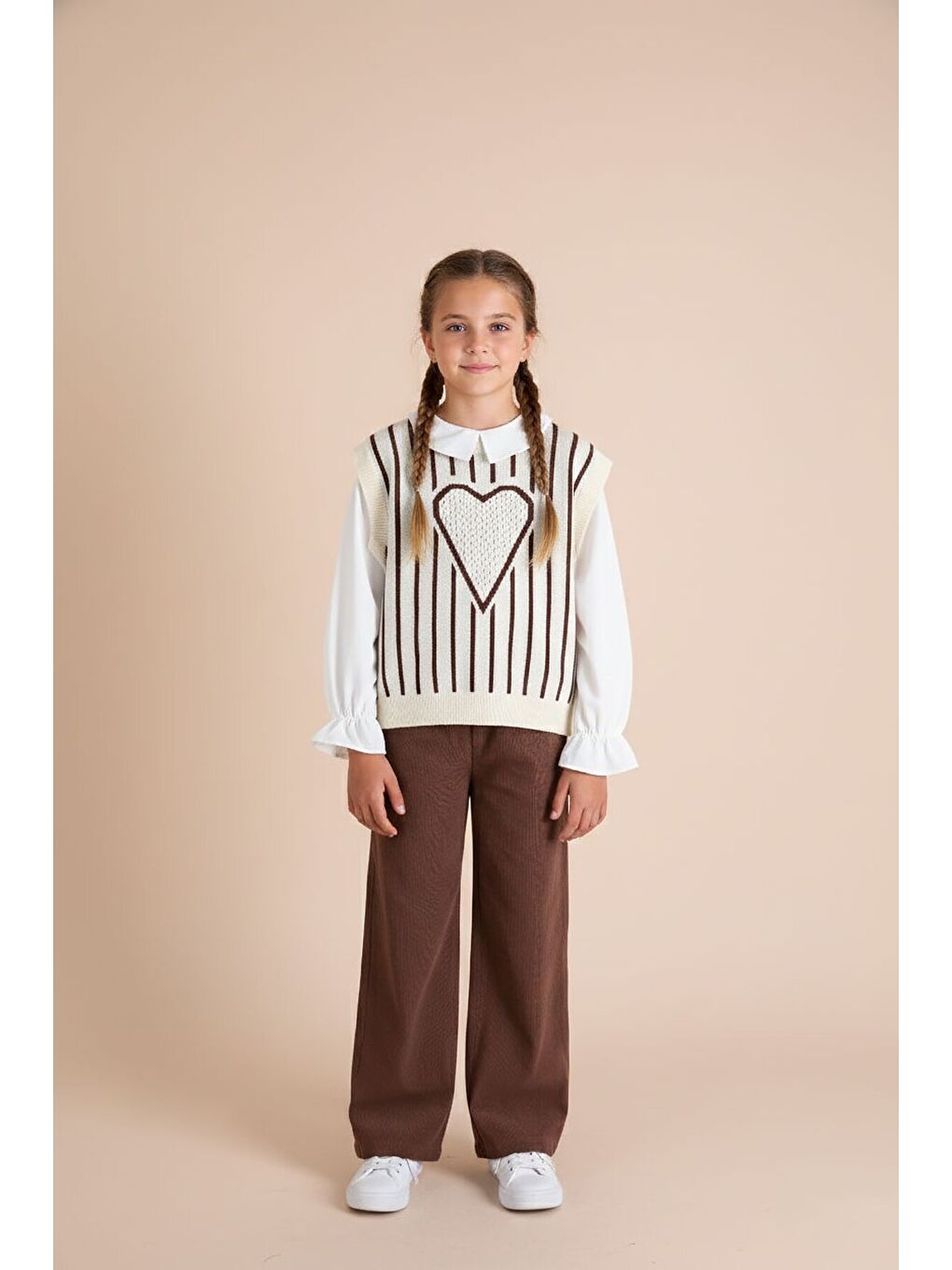 Kahverengi Kalp Desen Süveterli Gömlekli Kız Çocuk Pantolonlu 3lü Takım 23734