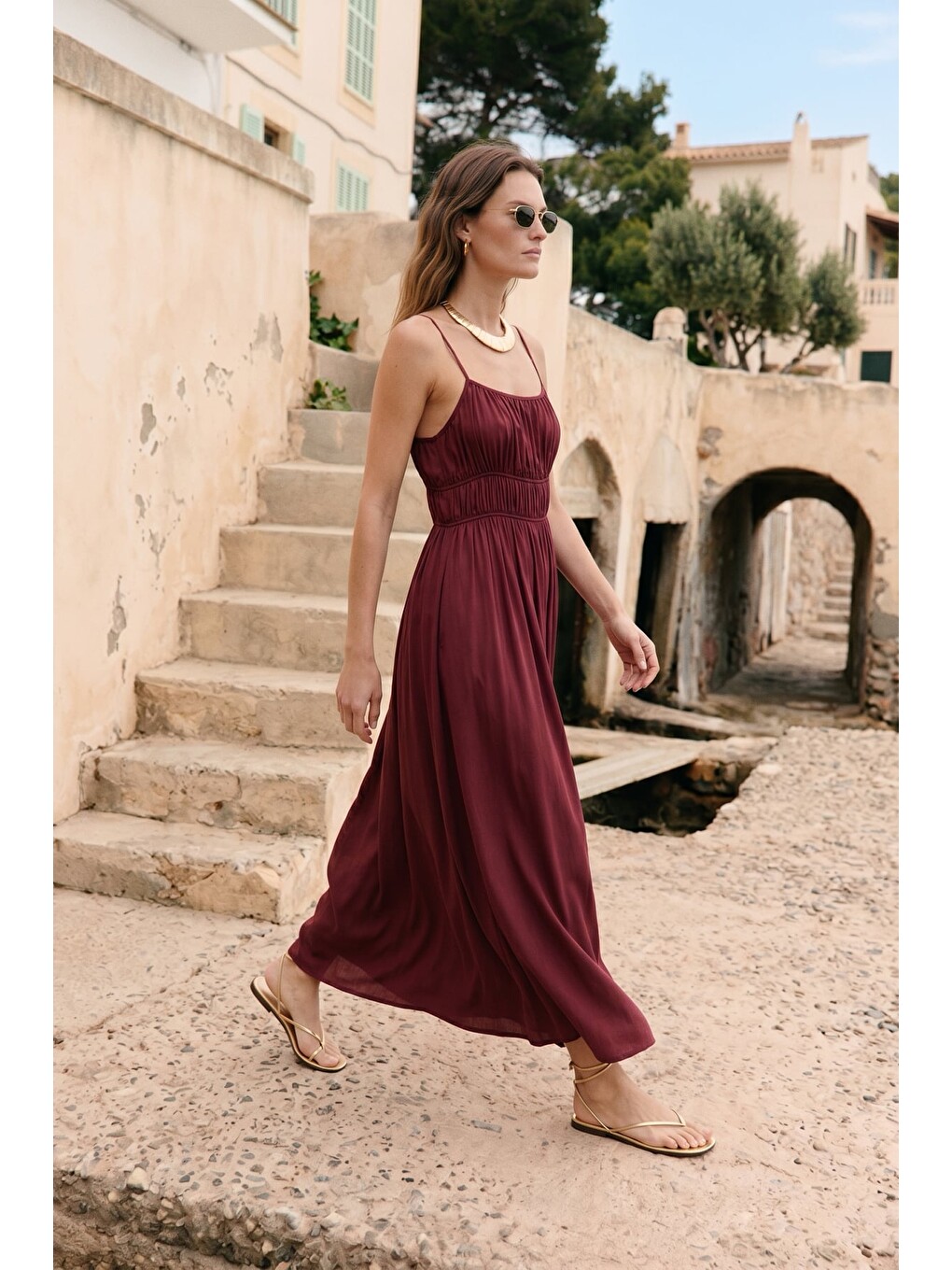 Askılı Uzun Elbise - Bordo-1