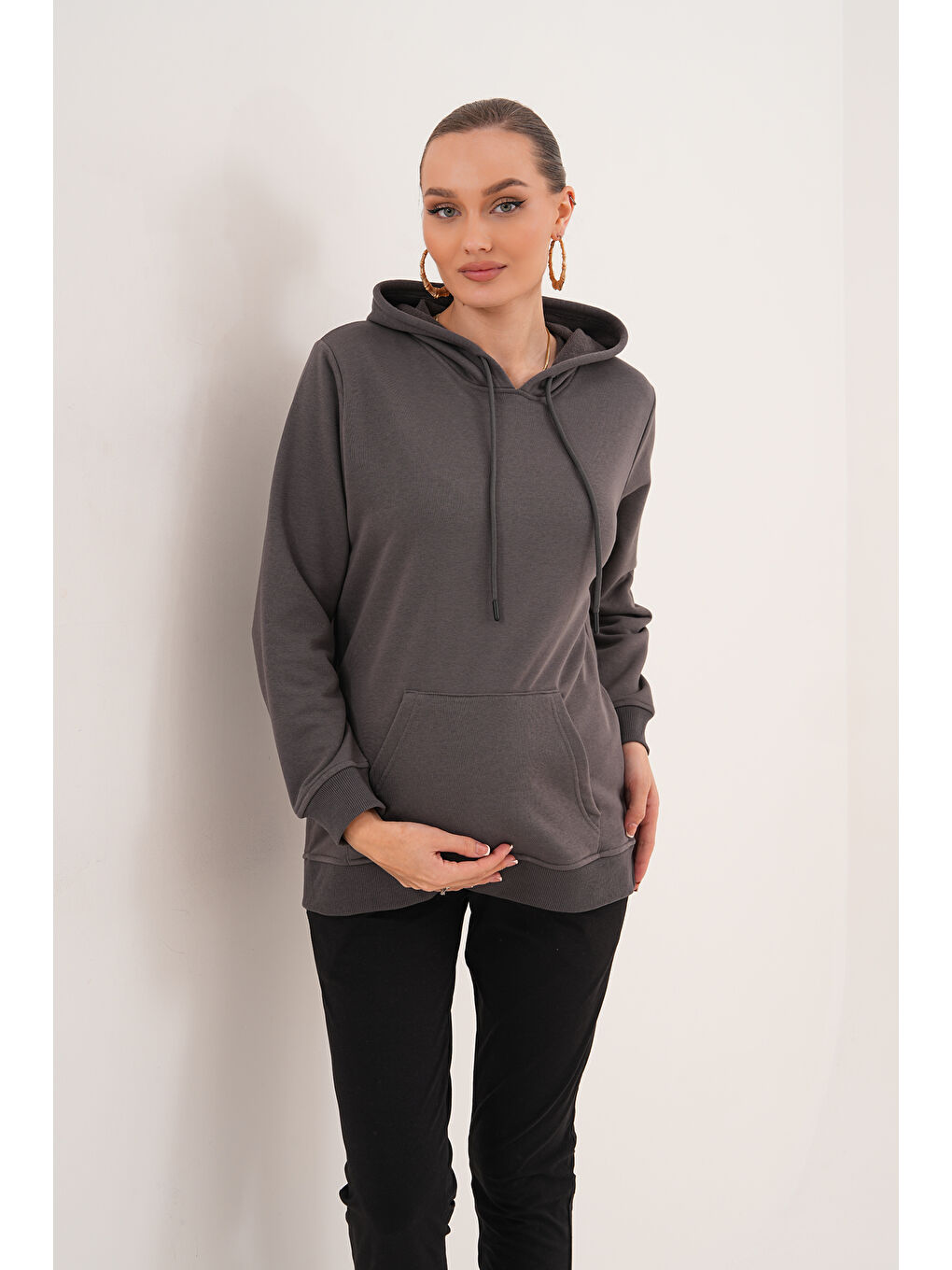 Gri %100 Pamuk Hamile ve Lohusa Basic Kapüşonlu Sweatshirt-2