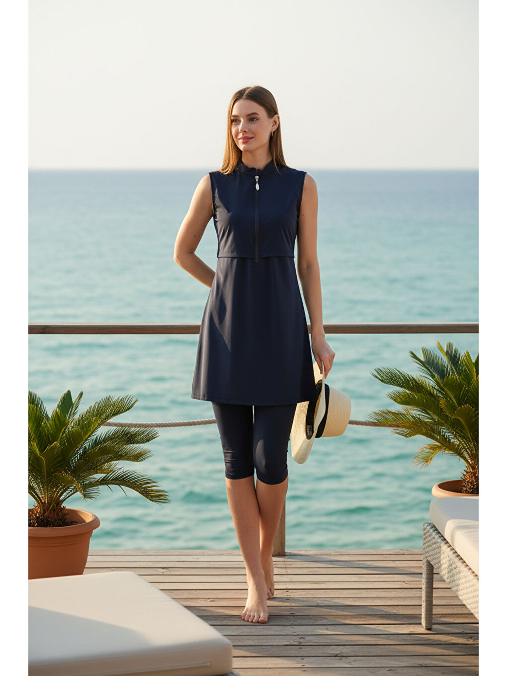 Lacivert Hızlı Kuruyan Esnek Paraşüt Kumaş Kolsuz Yarı Kapalı Mayo 3413-3