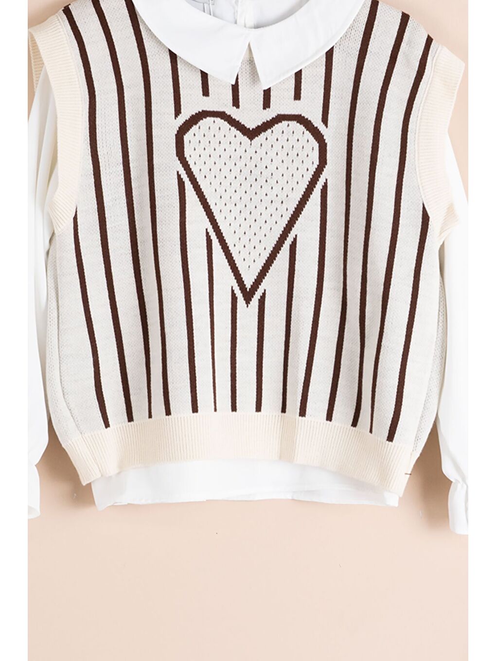 Kahverengi Kalp Desen Süveterli Gömlekli Kız Çocuk Pantolonlu 3lü Takım 23734-1