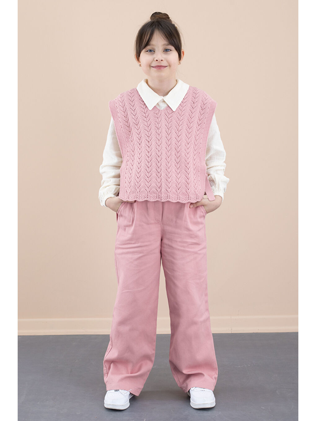Pembe Örgü Süveterli Müslin Gömlekli Kız Çocuk 3lü Alt Üst Takım 20537-1