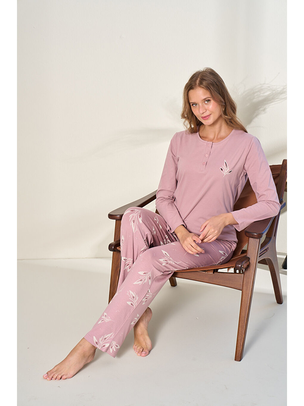 Kırmızı Büyük Beden Kadın Önden Düğmeli Penye Uzun Kol Pijama Takımı 3138 Gül Kurusu01