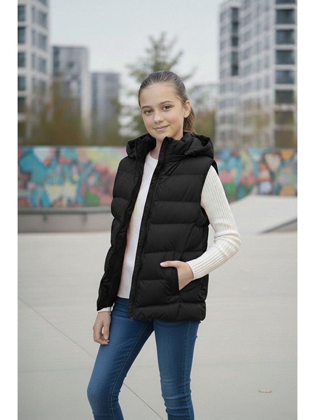 Siyah Kız Çocuk Kapüşonlu Şişme Yelek-1