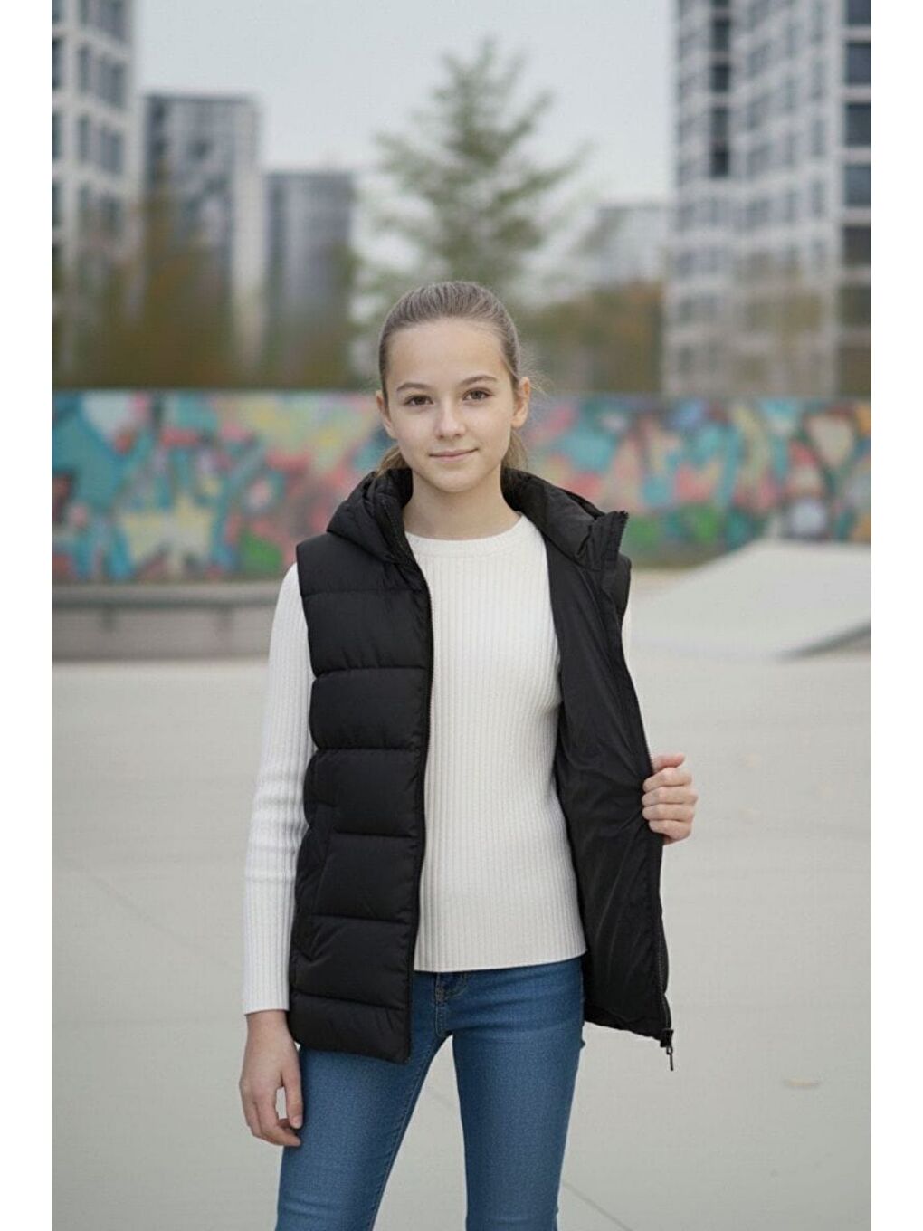 Siyah Kız Çocuk Kapüşonlu Şişme Yelek-2