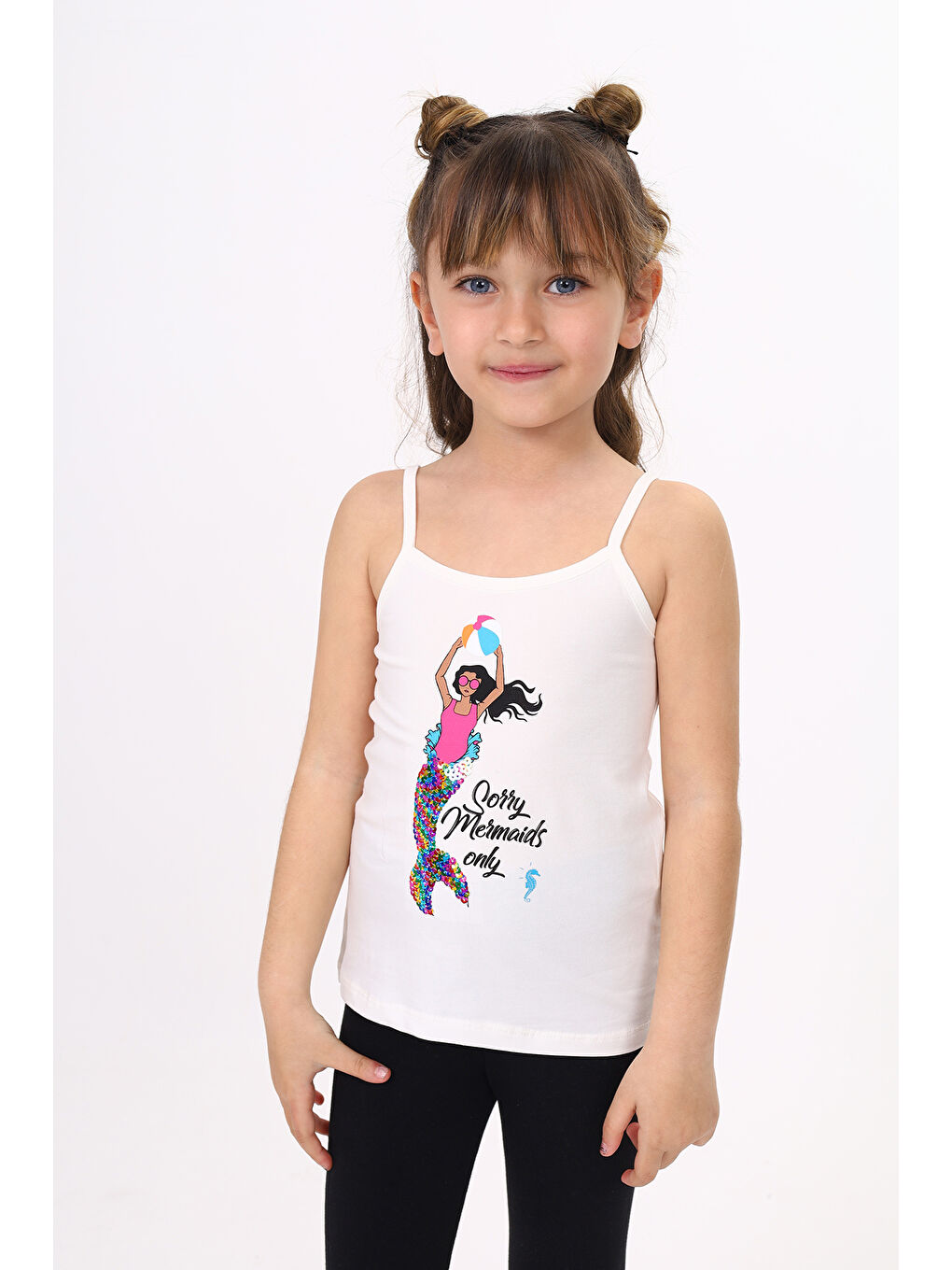 Ekru Kız Çocuk Deniz Kızı Baskılı Pul İşlemeli Atlet