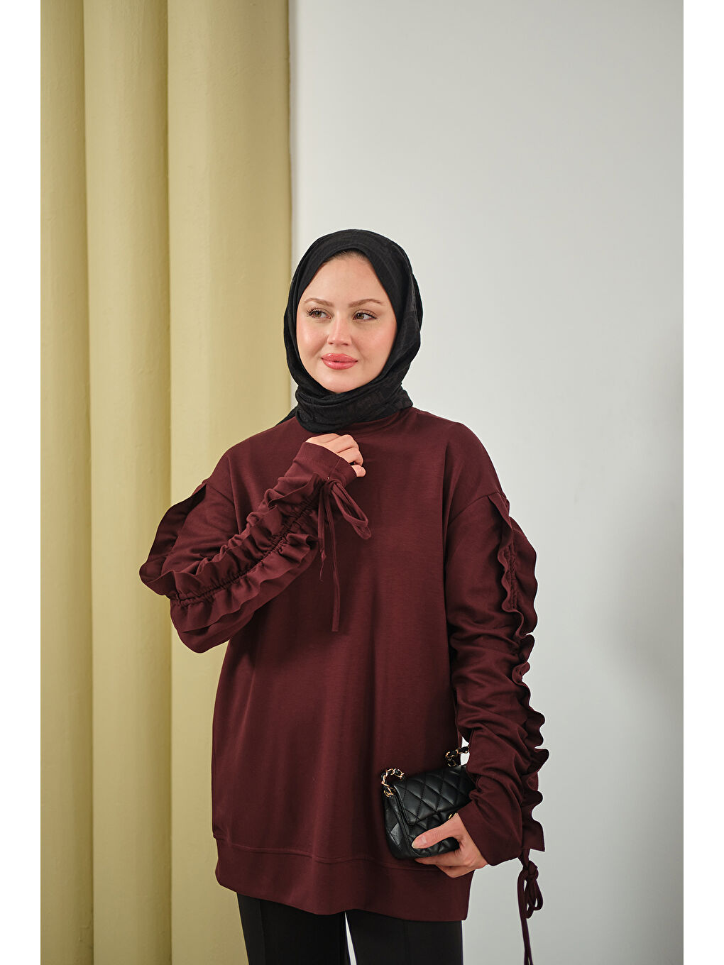 Kadın Kolları Büzgü Detay Tunik Bordo