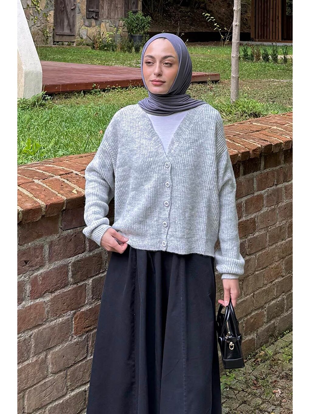 Crop V Yaka Hırka Gri-2