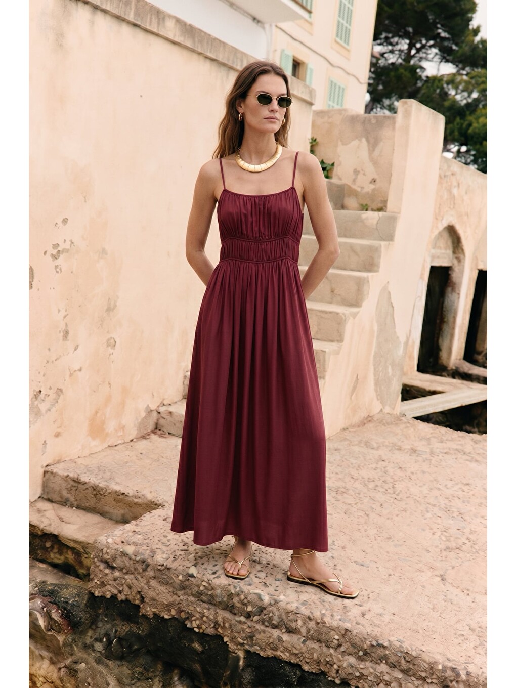 Askılı Uzun Elbise - Bordo-2