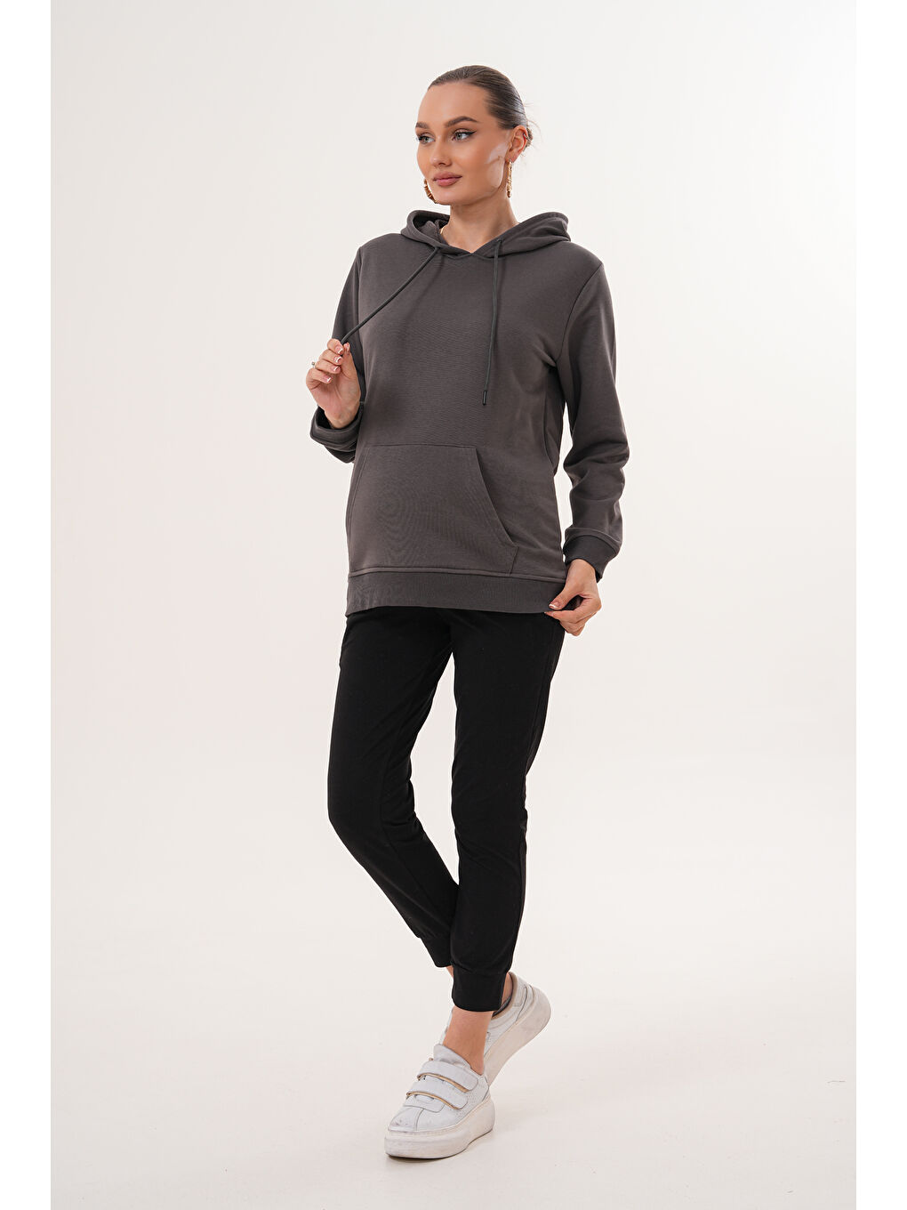 Gri %100 Pamuk Hamile ve Lohusa Basic Kapüşonlu Sweatshirt-3