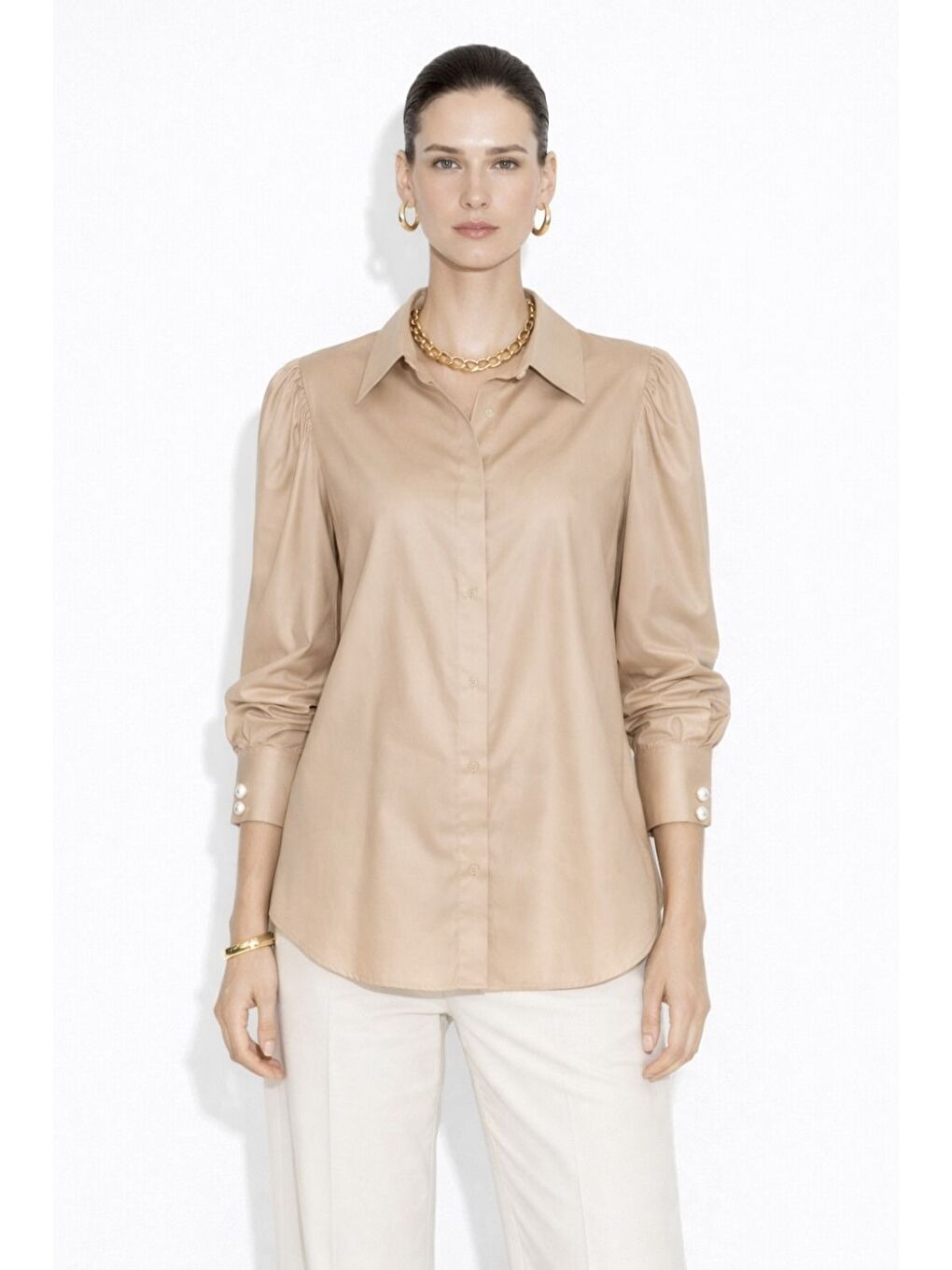 Bej Taş Rengi İnci Düğmeli Camel Saten Gömlek-2